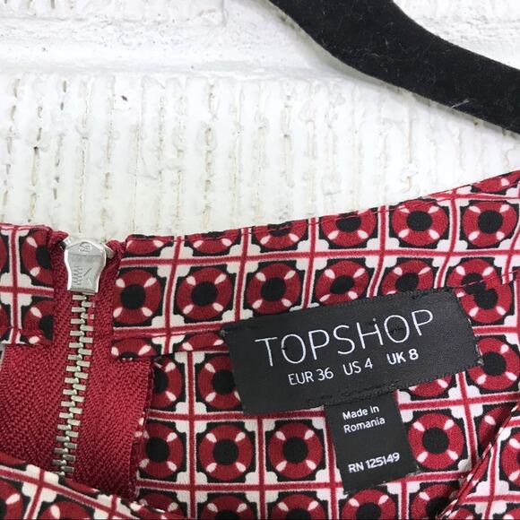 TopShop Size US 4 Red Mixed Print Flounce Dress Back Zipper Short Sleeve Mini - Picture 6 of 7